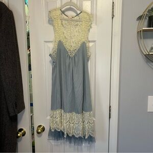 Ryu Cream and blue Midi Sundress with Cap Sleeves and Scoop Neck